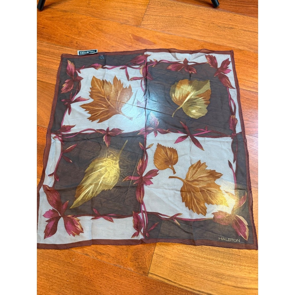 Halston Silk Scarf Autumn Leaves Sheer | Black White Brown | 20" Square
